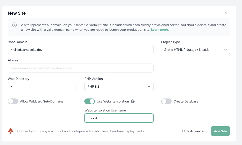Create a new static site with Laravel Forge